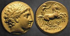 Greek Kings of Macedon. Pella. Philip II of Macedon 359-336 BC. In the name and types of Philip II. Struck under Antipater or Polyperchon circa 323-317 BC Stater AV 18 mm, 8,52 g Laureate head of Apol