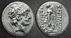 Greek Seleukid Kingdom. Antioch on the Orontes. Alexander II Zabinas 128-122 BC. Hemidrachm AR 12 mm, 2,03 g Diademed head to right / ΒΑΣΙΛΕΩΣ ΑΛΕΞΑΝΔ[ΡΟΥ], Nike standing to left, holding wreath and p