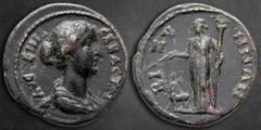 Roman Provincial Thrace. Bizya. Faustina II AD 147-175. Bronze Æ 23 mm, 6,85 g ΦΑVСΤΕΙИΑ СΕΒΑСΤΗ, draped bust right / ΒΙΖVΗΝΩΝ, Artemis standing left, holding torch and arrow over stag to . Very Fine 