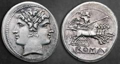 Roman Republican Anonymous circa 225-214 BC. Uncertain mint Quadrigatus AR 24 mm, 6,70 g Laureate head of Janus / ROMA (incuse on raised tablet) Jupiter, hurling thunderbolt with his right hand and ho