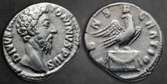 Roman Imperial Divus Marcus Aurelius AD 180. Struck under Commodus, AD 180. Rome Denarius AR 18 mm, 2,78 g DIVVS [M AN]TONINVS PIVS, bare head of Marcus Aurelius to right / CONSECRATIO, eagle standing