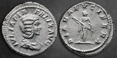 Roman Imperial Julia Domna. Augusta AD 193-217. Rome Denarius AR 19 mm, 3,15 g IVLIA PIA FELIX AVG, draped bust to right / DIANA LVCIFERA, Diana standing facing, head to left, holding torch in both ha