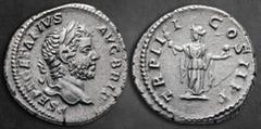 Roman Imperial Geta AD 198-211. Rome Denarius AR 18 mm, 3,39 g P SEPT GETA PIVS AVG BRIT, laureate head right / TR P III COS II P P, Providentia standing facing, head left, holding torch and globe. Ve
