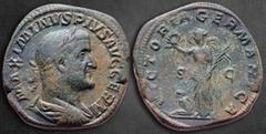 Roman Imperial Maximinus I Thrax AD 235-238. Rome Sestertius Æ 32 mm, 20,98 g MAXIMINVS PIVS AVG GERM, laureate, draped and cuirassed bust right / VICTORIA GERMANICA, SC, Victory standing left, holdin