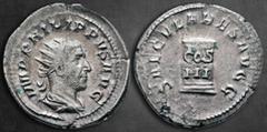 Roman Imperial Philip I Arab AD 244-249. Rome Antoninianus AR 24 mm, 3,71 g IMP PHILIPPVS AVG, radiate, draped and cuirassed bust to right / SAECVLARES AVGG, low column inscribed COS III in two lines.