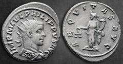 Roman Imperial Philip II AD 247-249. Antioch Antoninianus AR 23 mm, 3,47 g IMP M IVL PHILIPPVS AVG, radiate, draped and cuirassed bust right / AEQVITAS AVGG, Aequitas standing left holding scales and 
