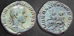 Roman Imperial Philip II AD 247-249. Rome Sestertius Æ 28 mm, 19,62 g IMP M IVL PHILIPPVS AVG, laureate, draped and cuirassed bust to right / LIBERALITAS AVGG III, Philip II and Philip I seated left o