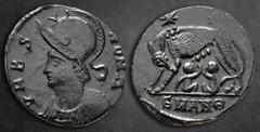 Roman Imperial City Commemorative AD 330-354. Antioch Follis Æ 15 mm, 1,31 g VRBS ROMA, helmeted head of Roma left, wearing imperial mantle and ornamental necklace / She-wolf standing left, suckling R