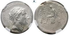 Greek Seleukid Kingdom. Tarsos. Antiochos III Megas 222-187 BC. Tetradrachm AR 30 mm, g Diademed head right / Apollo Delphios seated left on omphalos, testing arrows and resting on grounded bow; ΒΑΣΙΛ