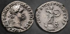 Roman Imperial Domitian AD 81-96. Rome Denarius AR 18 mm, 2,73 g IMP CAES DOMIT AVG GERM P M TR P X, laureate head right / IMP XXI COS XV CENS P P P, Minerva, holding shield and hurling spear, standin
