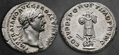 Roman Imperial Trajan AD 98-117. Rome Denarius AR 19 mm, 3,47 g IMP TRAIANO AVG GER DAC P M TR P, laureate head right, with slight drapery on his left shoulder / COS V P P S P Q R OPTIMO PRINC, dacian