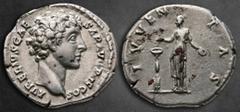 Roman Imperial Marcus Aurelius, as Caesar AD 139-161. Rome Denarius AR 18 mm, 3,23 g AVRELIVS CAESAR AVG PII F COS, bare head right / IVVENTAS, Juventas standing left, holding patera and dropping grai