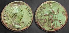 Roman Imperial Diva Faustina I AD 140-141. Rome Sestertius Æ 32 mm, 24,40 g DIVA FAVSTINA, draped bust right / IVNO, Juno standing to left, holding patera and sceptre; S-C across fields Very Fine RIC 