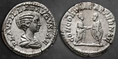 Roman Imperial Plautilla. Augusta AD 202-205. Rome Denarius AR 18 mm, 3,10 g PLAVTILLAE AVGVSTAE, draped bust right / CONCORDIAE AETERNAE, Plautilla and Caracalla standing facing one another, clasping