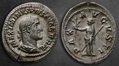 Roman Imperial Maximinus I Thrax AD 235-238. Rome Denarius AR 22 mm, 3,33 g MAXIMINVS PIVS AVG GERM, laureate, draped and cuirassed bust to right / PAX AVGVSTI, Pax standing to left, holding branch an