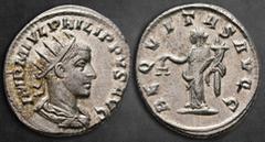 Roman Imperial Philip II AD 247-249. Antioch Antoninianus AR 23 mm, 4,47 g IMP M IVL PHILIPPVS AVG, radiate, draped and cuirassed bust right / AEQVITAS AVGG, Aequitas standing left holding scales and 