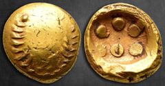 Celtic Central Europe. Germania. The Vindelici circa 150-50 BC. Stater AV 17 mm, 7,51 g Wreath formed of two branches with eight leaves going in opposite directions and with a disc at each end / Six p