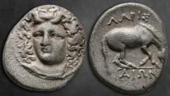 Greek Thessaly. Larissa circa 356-320 BC. Drachm AR 20 mm, 5,76 g Facing head of nymph Larissa turned slightly toward the left; hair bound with ampyx / ΛAΡIΣ-AIΩN, Horse grazing right. Very Fine HGC 4