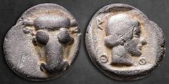 Greek Phokis. Federal Coinage circa 449-447 BC. Triobol or Hemidrachm AR 14 mm, 2,47 g Facing head of a bull / Φ-Φ-Κ[-Ι] Head of Artemis to right; all within incuse square. Very Fine HGC 4, 1038. "Pho