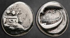 Greek Lycia. Phaselis circa 500-440 BC. Tetrobol AR 14 mm, 3,46 g Prow of galley to right; uncertain control below / Stern of galley to right; ΦΑΣ above. Nearly Very Fine SNG von Aulock 4395; Cf. Heip