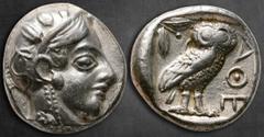 Greek Egypt. Pharaonic Kings of Egypt. Uncertain Pharaoh circa 400-350 BC. Time of the 28th-30th Dynasties, Imitating Athens Tetradrachm AR 23 mm, 16,62 g Head of Athena right, wearing crested Attic h