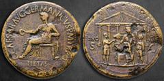 Roman Imperial Caligula AD 37-41. Struck AD 37-38. Rome Sestertius Æ 35 mm, 26,77 g C•CAESAR•AVG•GERMANICVS•P•M•TR•POT, Pietas seated to left, holding patera and resting arm on small draped standing f