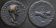 Roman Imperial Nerva AD 96-98. Rome Dupondius Æ 27 mm, 10,69 g IMP NERVA CAES AVG P M TR P COS III P P, radiate head of Nerva right / CONCORDIA EXERCITVVM S - C, clasped right hands holding legionary 