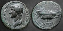 Roman Imperial Hadrian AD 117-138. Struck 132 - 134 AD. Rome As Æ 28 mm, 9,31 g HADRIANVS AVGVSTVS, draped bust left / FELICITATI AVG/ COS III P P/ S - C, War galley with helmsman and rowers moving ri