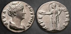 Roman Imperial Diva Faustina I AD 140-141. Rome Denarius AR 17 mm, 3,41 g DIVA FAVSTINA, draped bust right / AETERNITAS, Providentia standing to left, holding globe and veil blown out around her head.