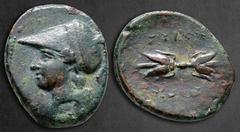 Greek Sicily. Syracuse. Agathokles 317-289 BC. Bronze Æ 17 mm, 2,10 g Helmeted head of Athena left / ΣYPAKOΣIΩN, winged thunderbolt. Very Fine CNS II, 118; SNG ANS 752. Agathocles, born in 361 BC in T