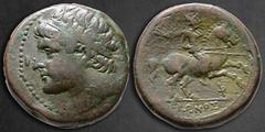 Greek Sicily. Syracuse. Hieron II 275-215 BC. Bronze Æ 27 mm, 18,92 g Diademed head left / IEPΩNOΣ, warrior on horseback rearing right, holding transverse spear; Φ below. Very Fine CNS II, 195 R1 35; 