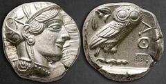Greek Attica. Athens circa 454-404 BC. Tetradrachm AR 25 mm, 17,22 g Head of Athena to right, wearing crested Attic helmet ornamented with three olive leaves above visor and spiral palmette on bowl, r