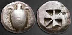 Greek Islands off Attica. Aegina circa 525-500 BC. Stater AR 19 mm, 12,17 g Sea turtle with thin collar and row of dots down its back / Incuse square of "Union Jack" pattern with eight incuse segments
