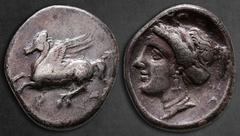 Greek Corinthia. Corinth circa 350-285 BC. Drachm AR 16 mm, 2,52 g Pegasos flying left / Head of Aphrodite left, hair in sphendone. Very Fine BCD Corinth –; HGC 4, 1868. Pegasus, often spelled as "Peg