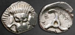 Greek Dynasts of Lycia. Limyra. Perikles 380-360 BC. Tetrobol AR 16 mm, 2,73 g Facing scalp of lion / Triskeles within incuse circle. Very Fine Müseler VIII.47-51; SNG von Aulock 4254-5. Perikles, a t