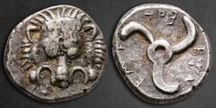 Greek Dynasts of Lycia. Uncertain mint. Trbbenimi and Vedrei 380-370 BC. Tetrobol AR 16 mm, 2,63 g Facing scalp of lion / Triskeles within incuse circle. Very Fine SNG von Aulock 4215.