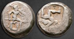 Greek Pamphylia. Aspendos circa 460-430 BC. Stater AR 20 mm, 10,78 g Helmeted, nude hoplite advancing to right, holding shield and spear; superimposed astragalos shape contained within raised edges be