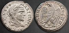 Roman Provincial Seleucis and Pieria. Laodicea ad Mare. Macrinus circa AD 217-218. Billon-Tetradrachm 27 mm, 13,57 g AYT K M OΠ CЄOY MAKPЄINOC CЄΒ•, laureate head of Macrinus to right / ΔHMAPX•ЄΞ YΠAT