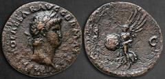 Roman Imperial Nero AD 54-68. Rome As Æ 28 mm, 9,43 g IMP NERO CAESAR AVG GERMANIC, laureate head right / S - C, Victory flying left holding shield inscribed SPQR. Very Fine RIC I 368; BMC 250. Nero, 