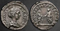 Roman Imperial Plautilla. Augusta AD 202-205. Rome Denarius AR 18 mm, 3,58 g PLAVTILLAE AVGVSTAE, draped bust right / CONCORDIAE AETERNAE, Plautilla and Caracalla standing facing one another, clasping