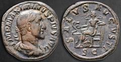 Roman Imperial Maximinus I Thrax AD 235-238. Rome Sestertius Æ 31 mm, 19,81 g IMP MAXIMINVS PIVS AVG, laureate, draped and cuirassed bust right / SALVS AVGVSTI S C, Salus seated left, feeding serpent 