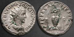 Roman Imperial Herennius Etruscus, as Caesar AD 249-251. Rome Antoninianus AR 21 mm, 3,80 g Q HER ETR MES DECIVS NOB C, radiate and draped bust right / PIETAS AVGVSTORVM, priestly implements: sprinkle