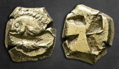 Greek Mysia. Kyzikos circa 600-500 BC. Hekte EL 11 mm, 2,65 g Louvar swimming left; below, tunny swimming left / Quadripartite incuse square. Well centred, Good Very Fine Hurter & Liewald III p. 14, 3