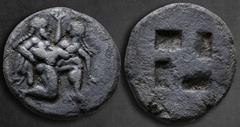Greek Islands off Thrace. Thasos circa 525-463 BC. Stater AR 22 mm, 8,28 g Nude Satyr in kneeling-running stance to right, carrying off a protesting nymph / Quadripartite incuse square. Very Fine HGC 