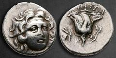 Greek Islands off Caria. Rhodos circa 205-190 BC. Ainetor, magistrate Drachm AR 15 mm, 2,69 g Head of Helios facing slightly to right / ΑΙΝΗΤΩΡ / P - O Rose with bud to right; to left, butterfly. Very