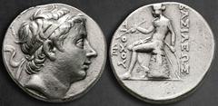 Greek Seleukid Kingdom. Antioch on the Orontes. Antiochos III Megas 222-187 BC. Tetradrachm AR 28 mm, 16,33 g Diademed head right / BAΣIΛEΩΣ ANT-IOXOY, Apollo Delphios, nude but for chlamys draped fro