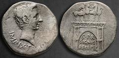 Roman Provincial Mysia. Pergamon. Augustus 27 BC-AD 14. Cistophoric Tetradrachm AR 26 mm, 10,74 g IMP•IX TR PO V, bare head to right / Triumphal arch with IMP IX TR POT V inscribed on entablature, sur