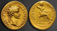 Roman Imperial Tiberius AD 14-37. Lugdunum (Lyon) Aureus AV 20 mm, 7,79 g TI CAESAR DIVI AVG F AVGVSTVS, laureate head right / PONTIF MAXIM, Livia, as Pax, seated to right on throne with ornamented le