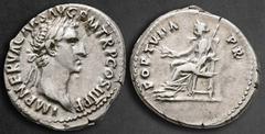 Roman Imperial Nerva AD 96-98. Rome Denarius AR 19 mm, 3,36 g IMP NERVA CAES AVG P M TR P COS III P P, laureate head right / FORTVNA P R, Fortuna seated left, holding corn ears in right hand and cradl