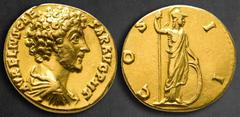Roman Imperial Marcus Aurelius, as Caesar AD 139-161. Rome Aureus AV 17 mm, 5,96 g AVRELIVS CAESAR AVG PII F, bare-headed, draped and cuirassed bust to right / COS II, Minerva standing to right, holdi